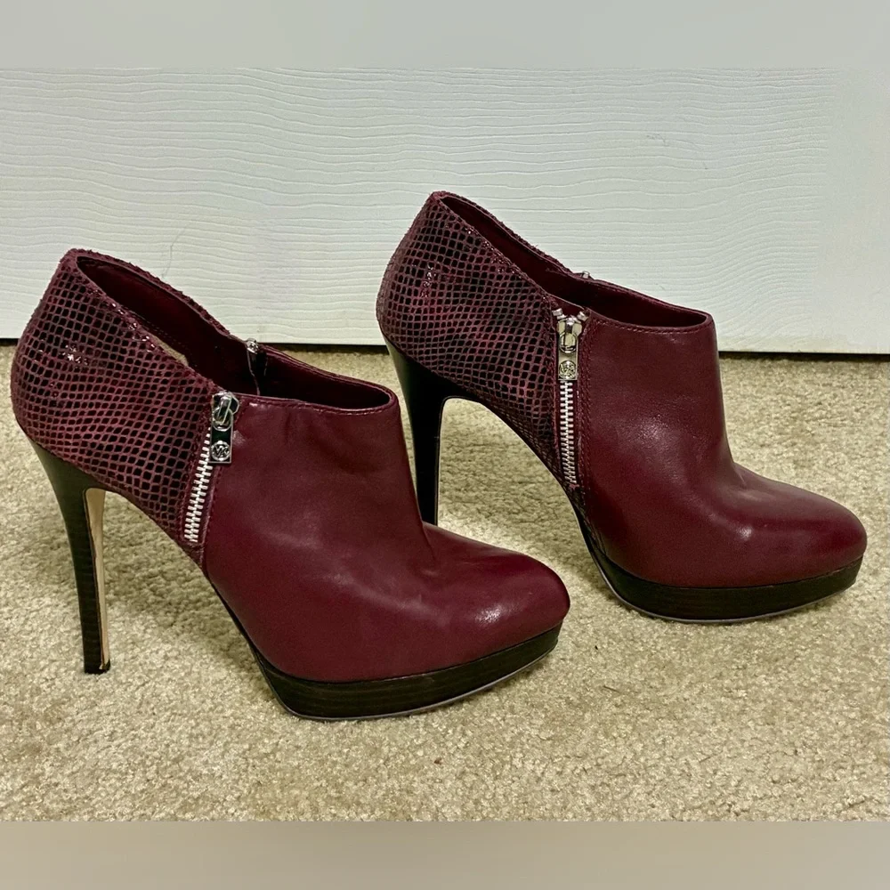 Michael Kors burgundy leather & snakeskin booties heeled platform boots 10